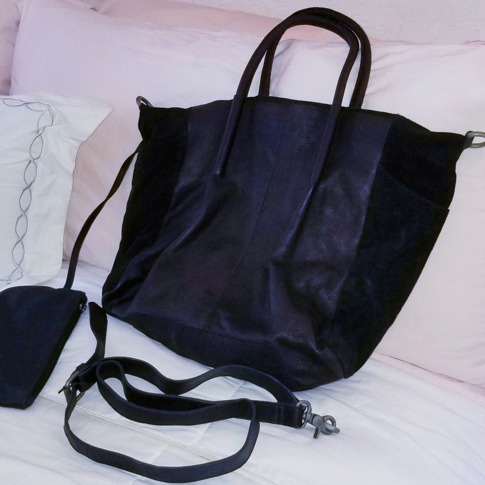 FREE THE PEOPLE BLACK LEATHER/SUEDE TOTE BAG